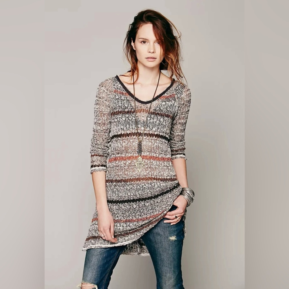 FREE PEOPLE Life's A Beach Brown Stripe BoHo Crochet Striped Tunic size M